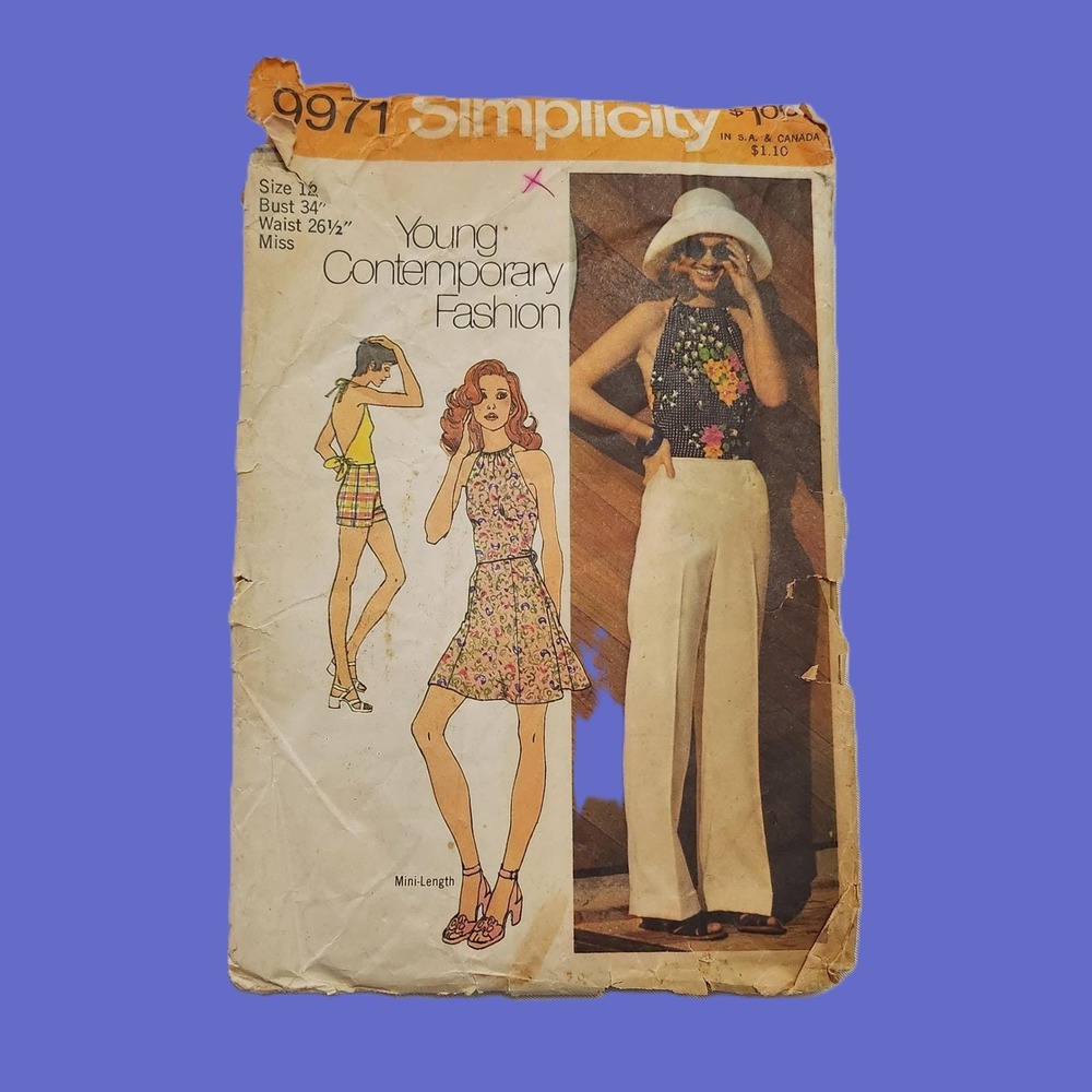 VTG Simplicity 9971 Sewing Pattern 1972 Halter Top Pants Shorts Skirt Size 12